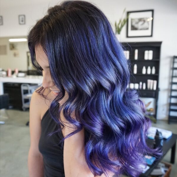 Blue-Violet Ombre- a woman wearing a black camisole