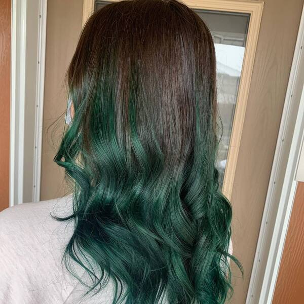 Brown to Emerald Green Ombre- a woman wearing a gray shirt