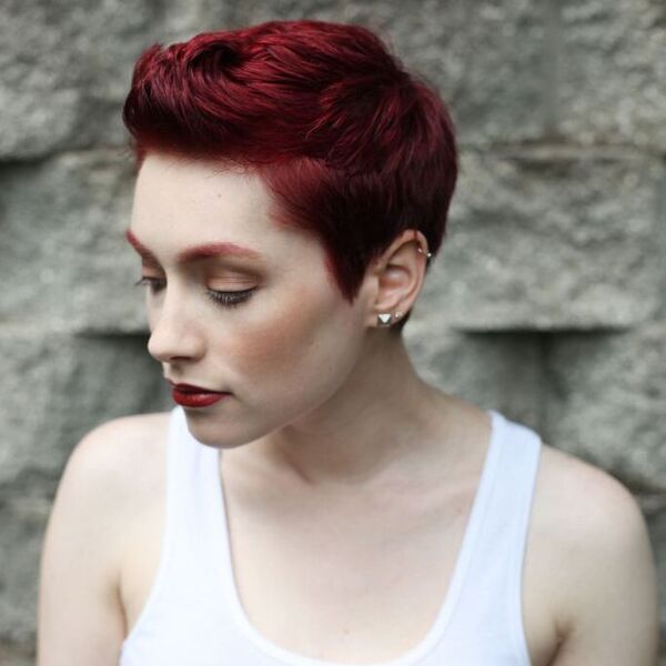 Burgundy Color on Short Hair- a woman wearing a white tank top