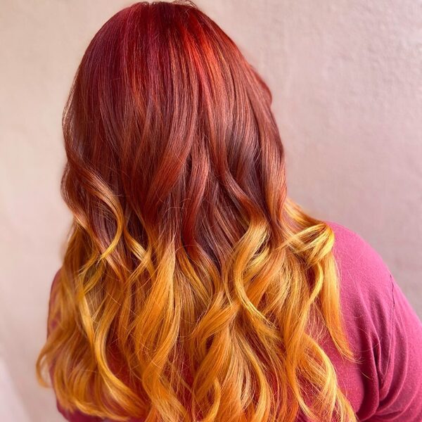 Copper Red to Sunflower Ombre- a woan wearing a pink blouse