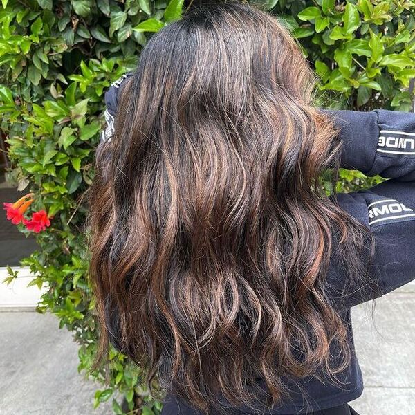 Hair Color Ideas for Dark Hair with Caramel Highlights- a woman wearing a black jacket