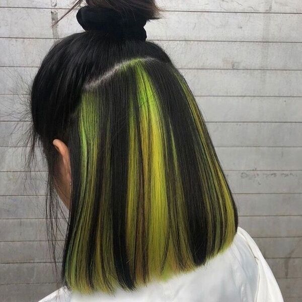 Neon Green and Yellow Peekaboo Highlights- a woman wearing a white blouse