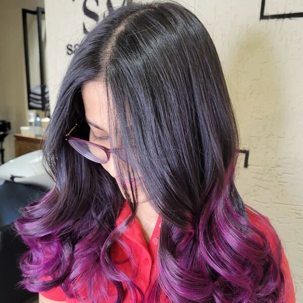 Purple Ombre with Ash Gray Undertones- a woman wearing a red polo shirt