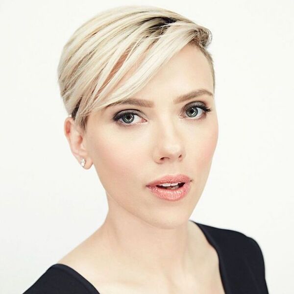 The Short Hair With Side Bangs Look- Scarlett Johansson wearing a black dress