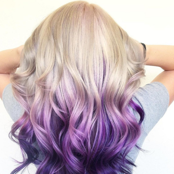 White To Purple Ombre- a woman wearing a gray t-shirt