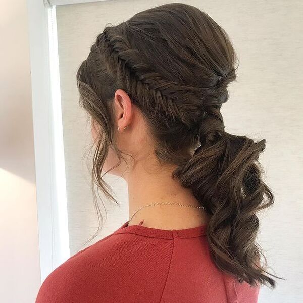 Boho Ponytail Hairstyle with Fishtail Braid- a woman wearing a red shirt
