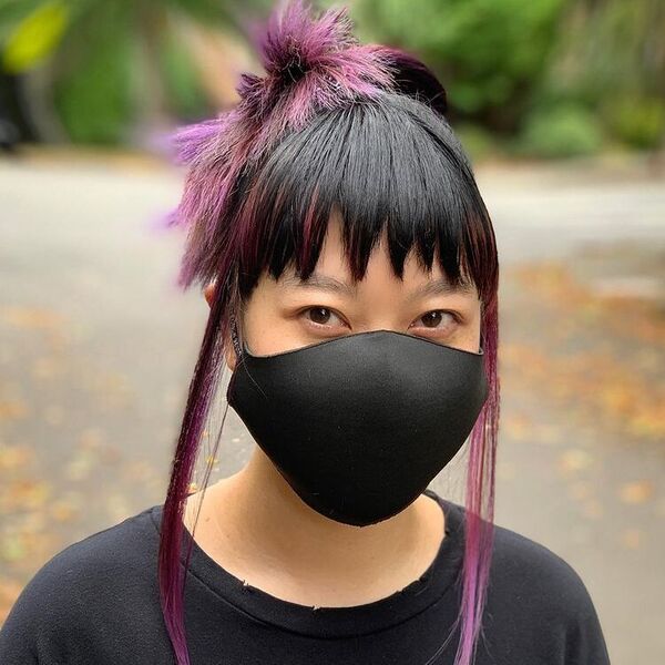 Choppy Bangs 80's Hairstyles- a woman wearing a black face mask
