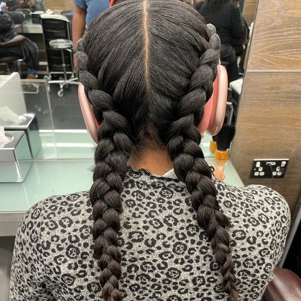 Classic French Braids- a woman wearing a gray patterned blouse