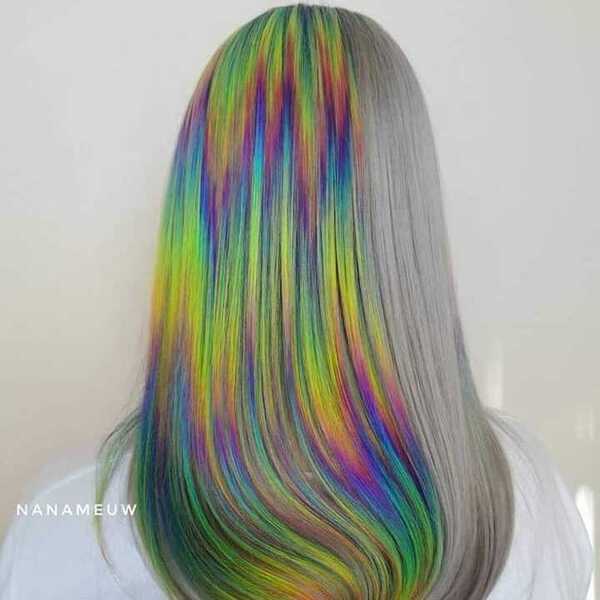 Colorful Chrome Hair- a woman wearing a white t-shirt