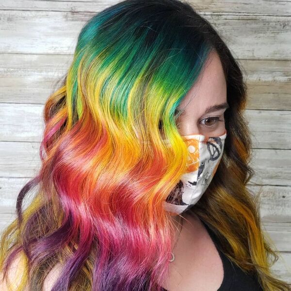 Colorful Finger Waves Rainbow Hair- a woman wearing a black tank top