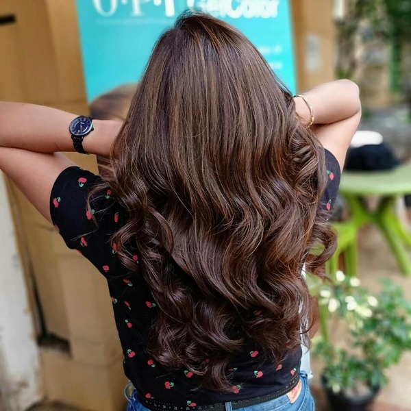 Dark Brunette Balayage Hair with Subtle Warm Brown Accents- a woman wearing a black shirt