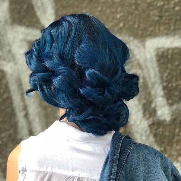 Double Halo Braid Updo Hairstyle for Blue Balayage- a woman wearing a white blouse and a denim jacket