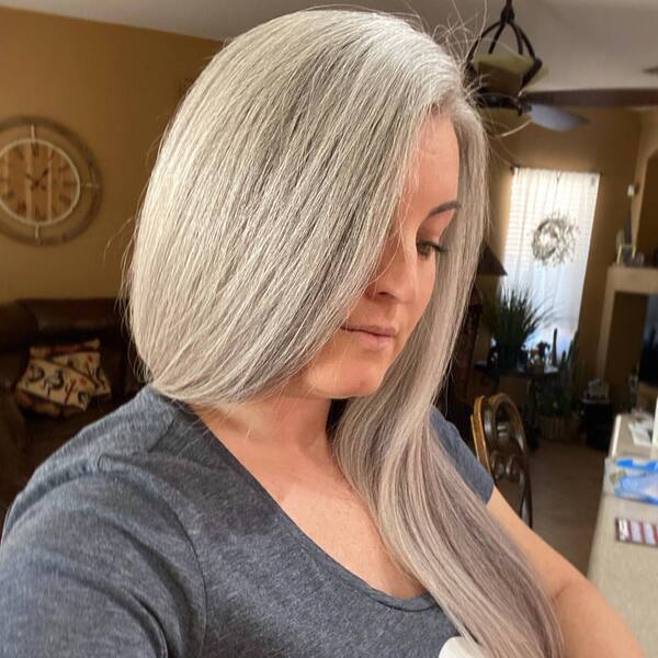 Dreamy Silver Gray- a woman with gray air wearing a gray shirt