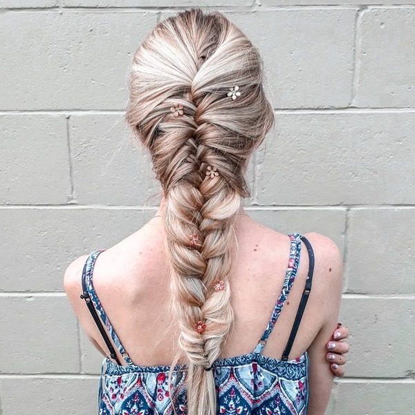 Faux French Braid- a woman wearing a blue patterned camisole