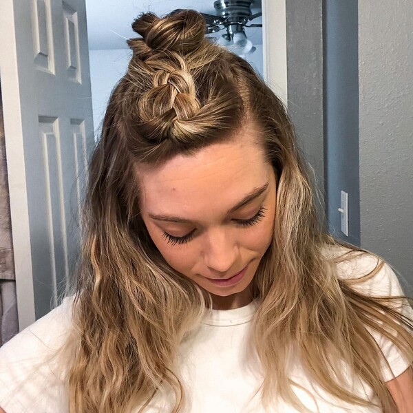 Faux French Braid Half Up Top Knot- a woman wearing a white t-shirt