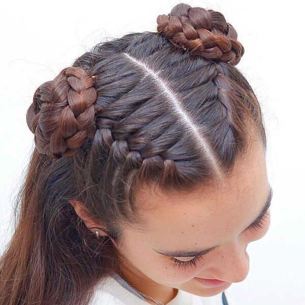 French Braid Hairstyle with Space Buns- a woman wearing a white shirt
