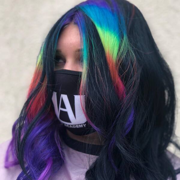 Front Rainbow Strands- a woman wearing a black face mask