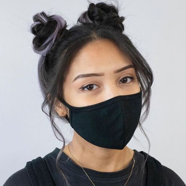 Full Double Buns- a woman wearing a black face mask