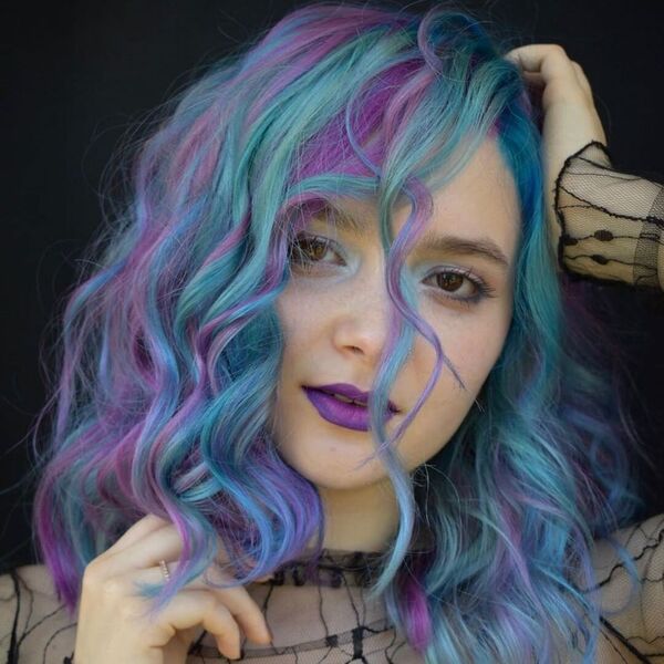 Green, Blue, and Lavender Mermaid Hair- a woman wearing a black dress