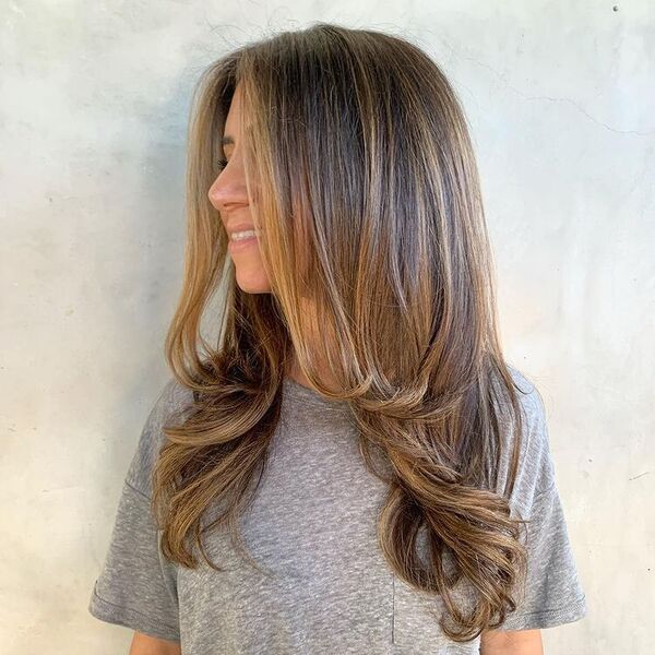 Honey Brown Highlights and Contour on Medium Brown Hair- a woman wearing a gray t-shirt