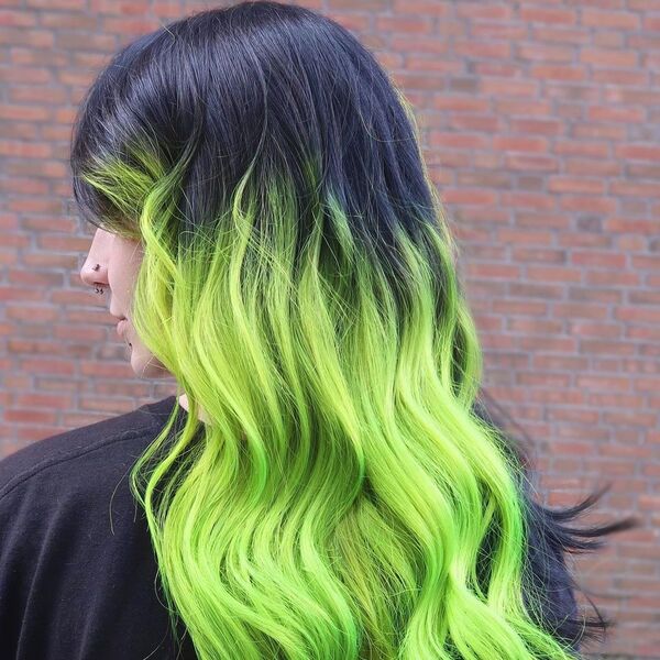 Neon Green Anime Inspired Hairstyles- a woman wearing a black t-shirt