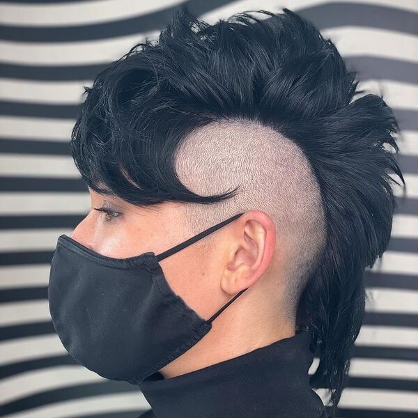 Punk Shaved Mohawk- a woman wearing a black face mask