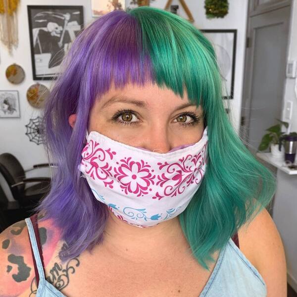 Purple and Teal- a woman with hazel eyes wearing a face mask