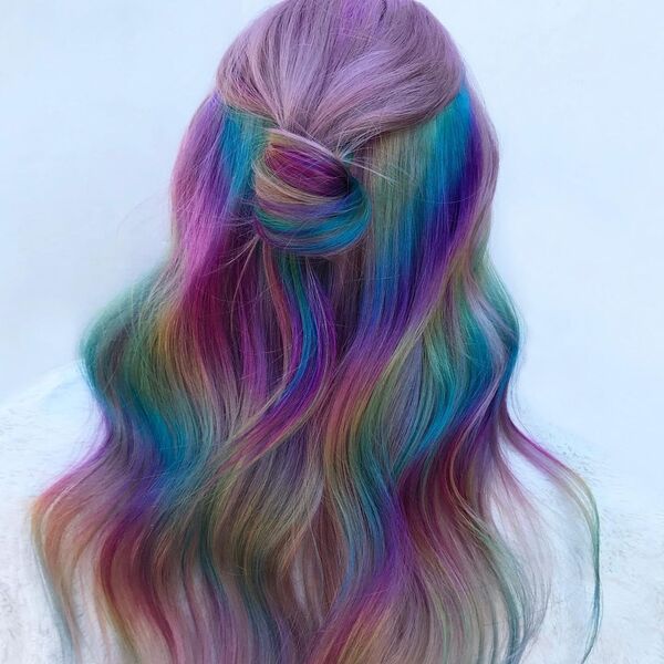 Rainbow Prism Hair- a woman wearing a white towel