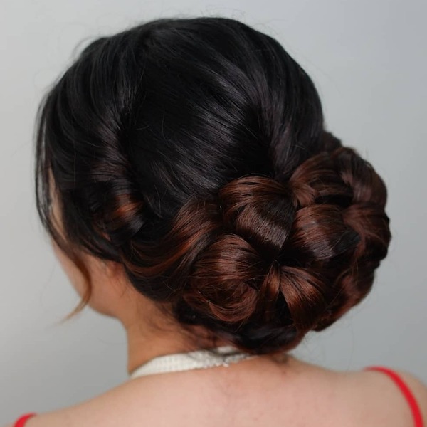 Ribbon Updo for Medium Hair- a woman wearing a red camisole dress