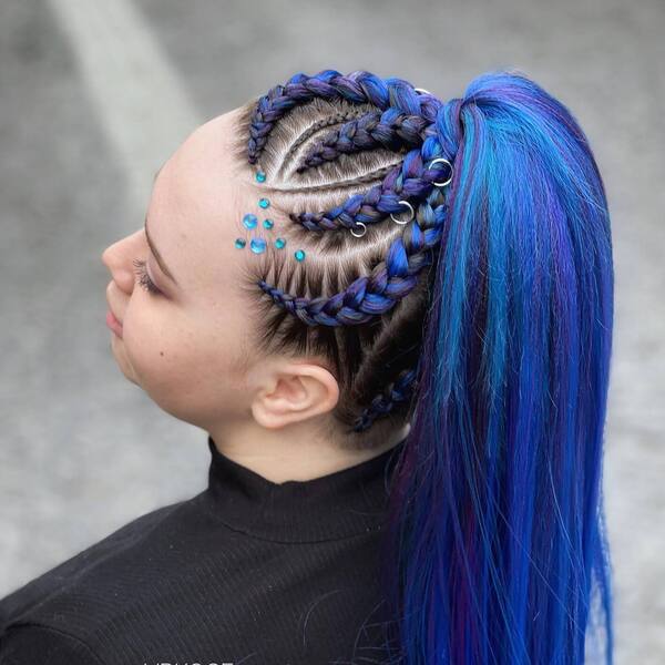 Royal Blue Box Braids Ponytail Hairstyles- a woman wearing a black sweater