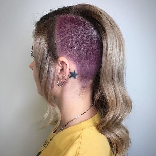 Side Undercut with Dyed Purple- a woman wearing a yellow t-shirt