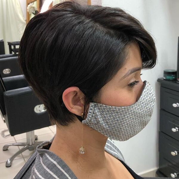Thick Straight Pixie Haircut- a woman wearing a gray face mask