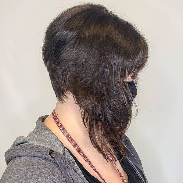 Wavy face-framing A-line Bob Haircuts- a woman wearing a black face mask and a dark gray jacket