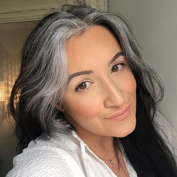 Gray Hair Color Frame- a woman wearing a white blouse dress