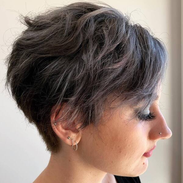 Short Steel Gray Colored Hair- a woman wearing a black shirt